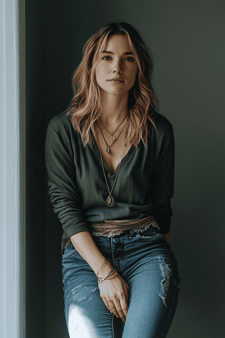 Young woman in green top and jeans, casual fashion style, sitting indoors with natural light.