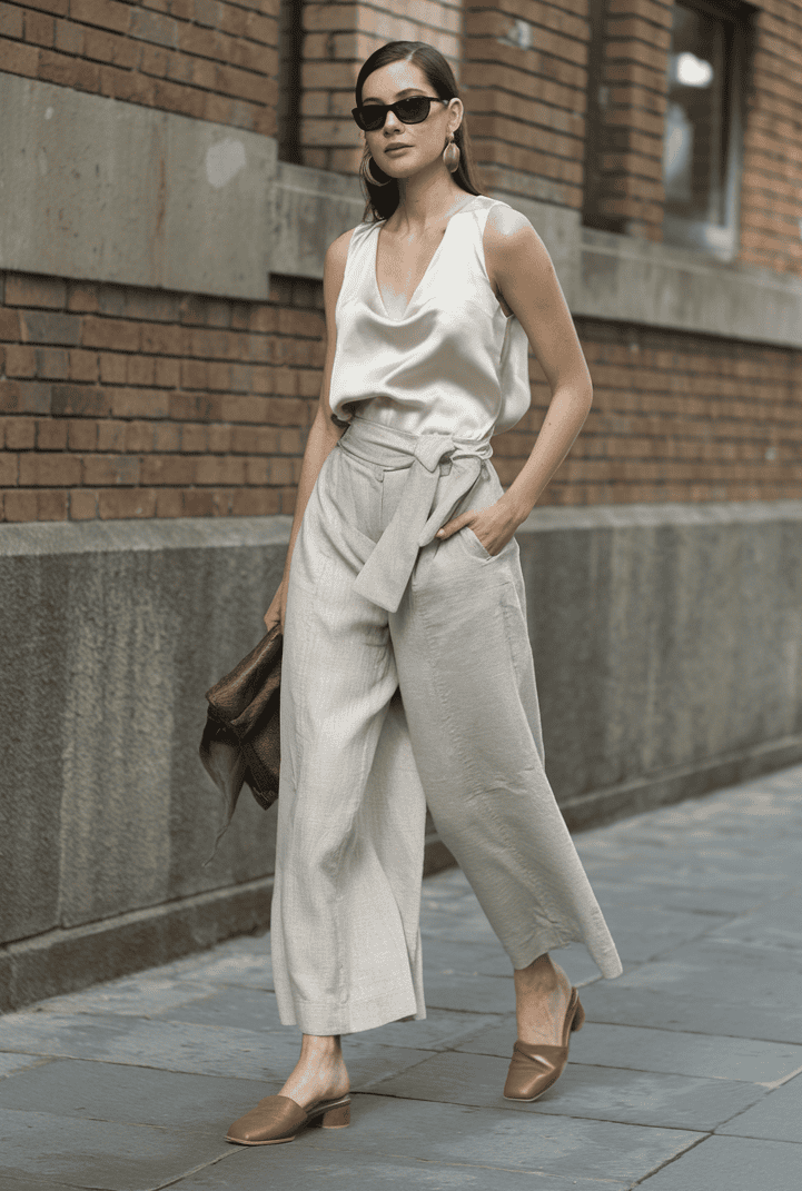 Chic young woman in stylish outfit walking confidently along urban brick wall street.