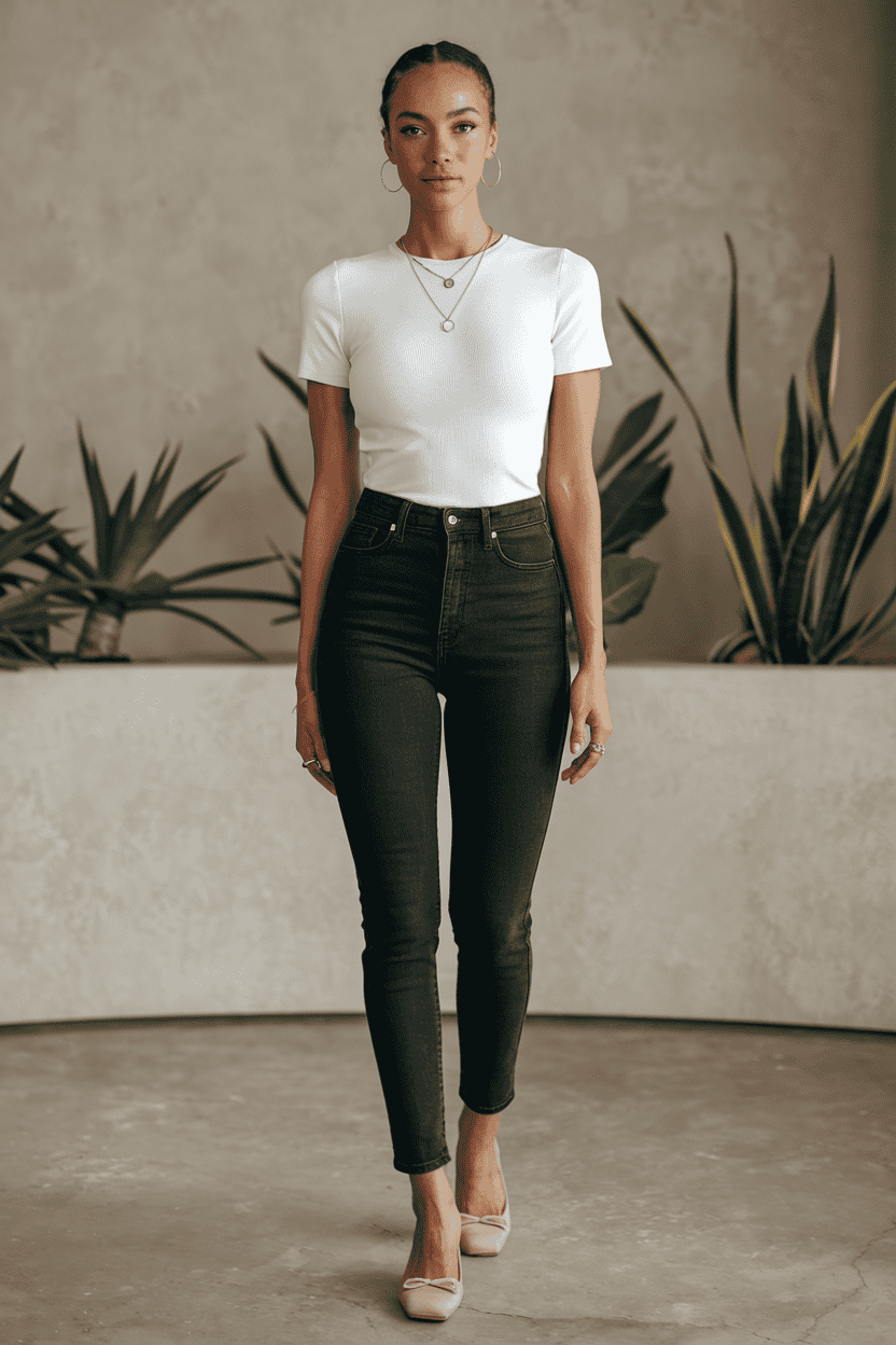 Stylish young woman in modern outfit poses confidently amidst earthy tones and green plants.