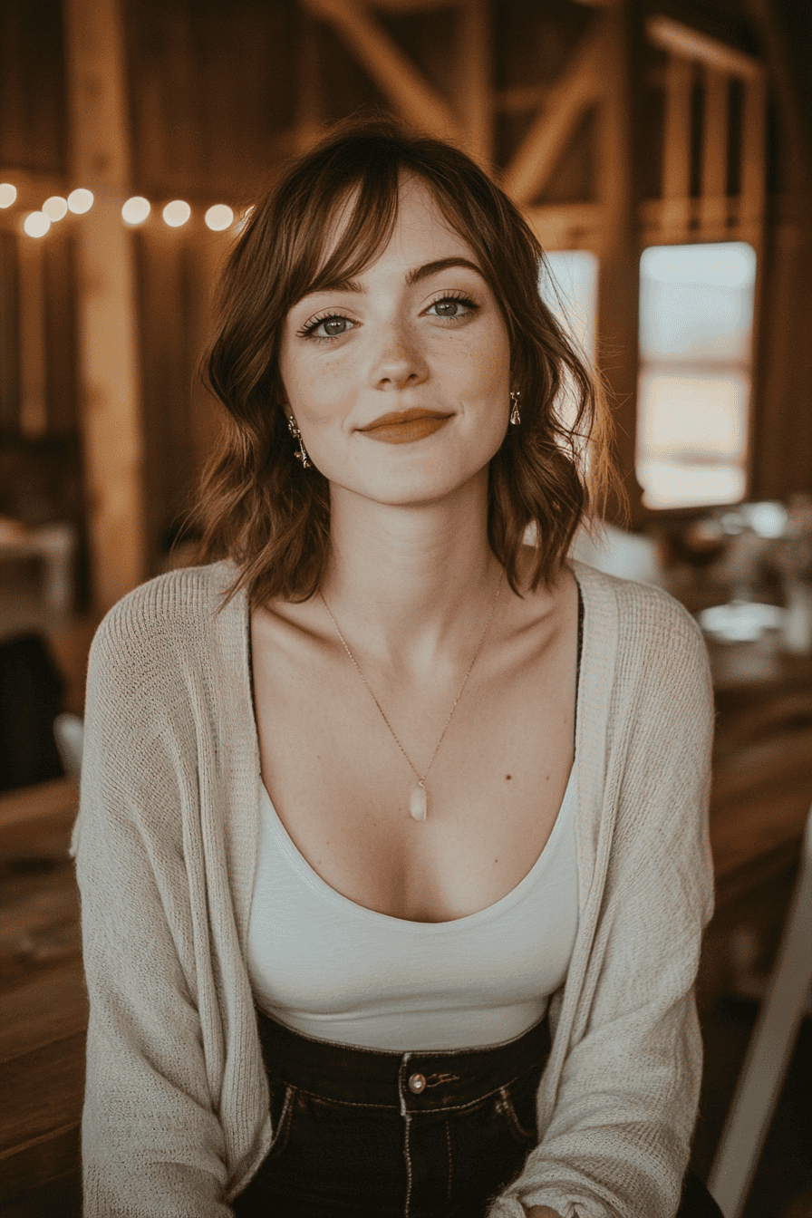 Young woman in cozy cardigan sitting in rustic barn café with warm lighting and wooden décor.