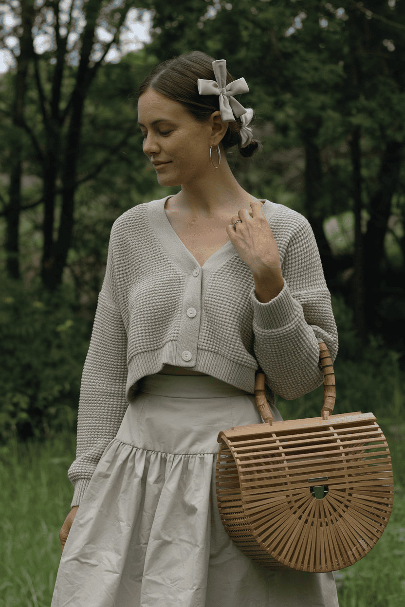 Stylish young woman in beige cardigan with bamboo bag against a lush green backdrop.