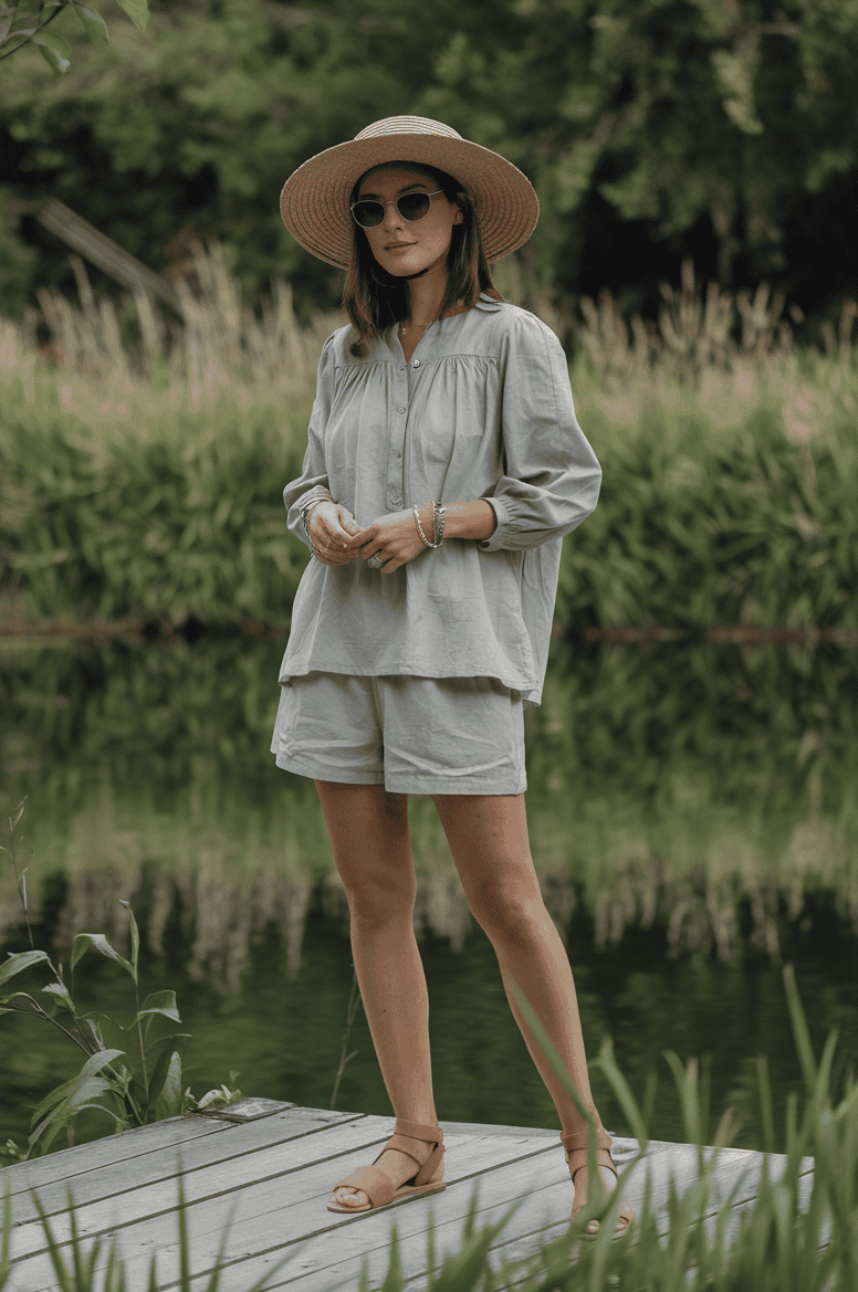 Young woman in stylish gray outfit stands on pier by tranquil lake surrounded by nature.