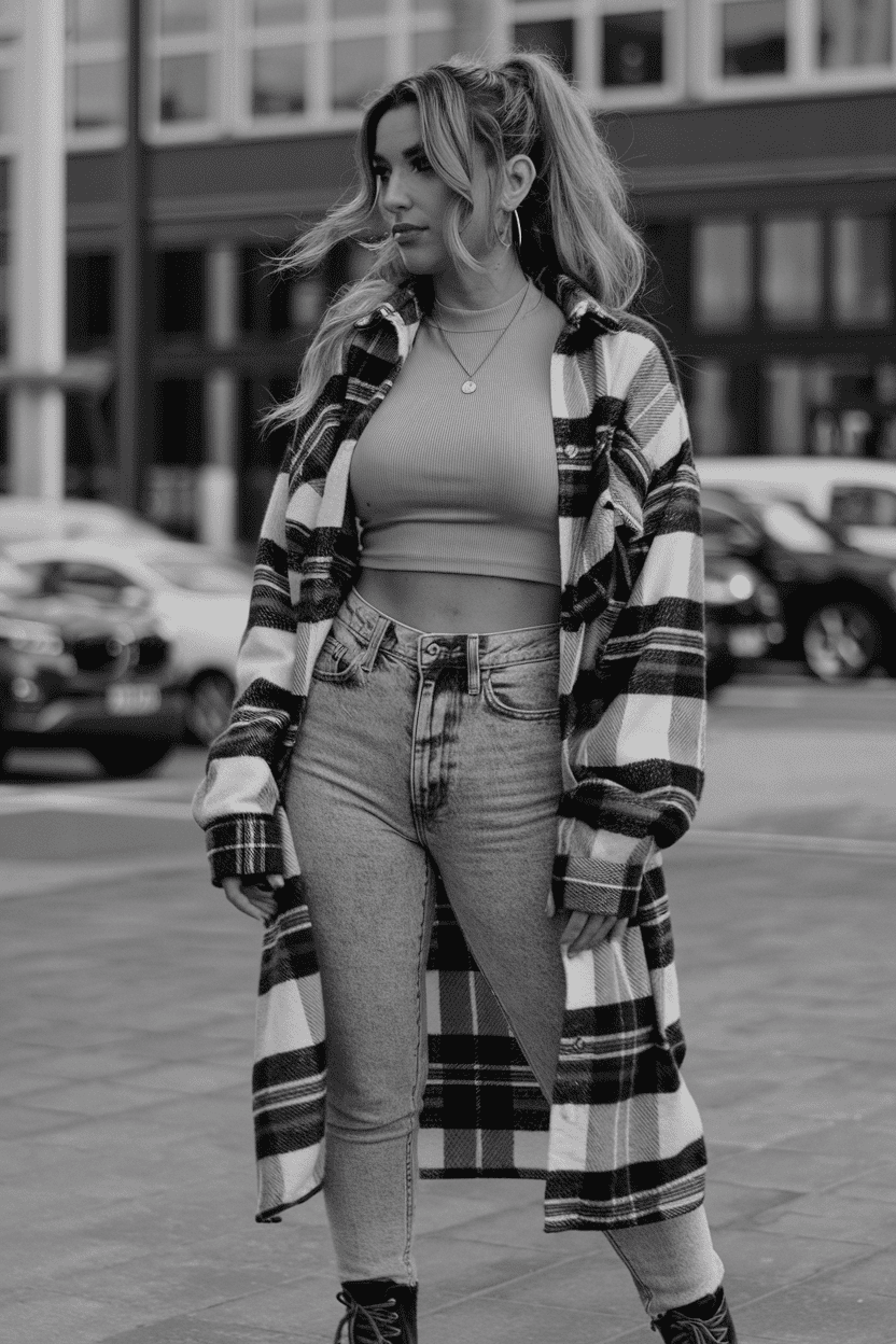 Confident young woman in urban fashion with flannel, cropped top, and light-wash jeans.