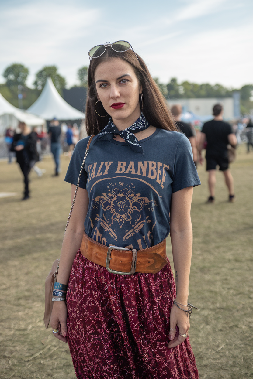 Young woman in festival style, wearing a graphic tee and bohemian skirt, exudes confidence.