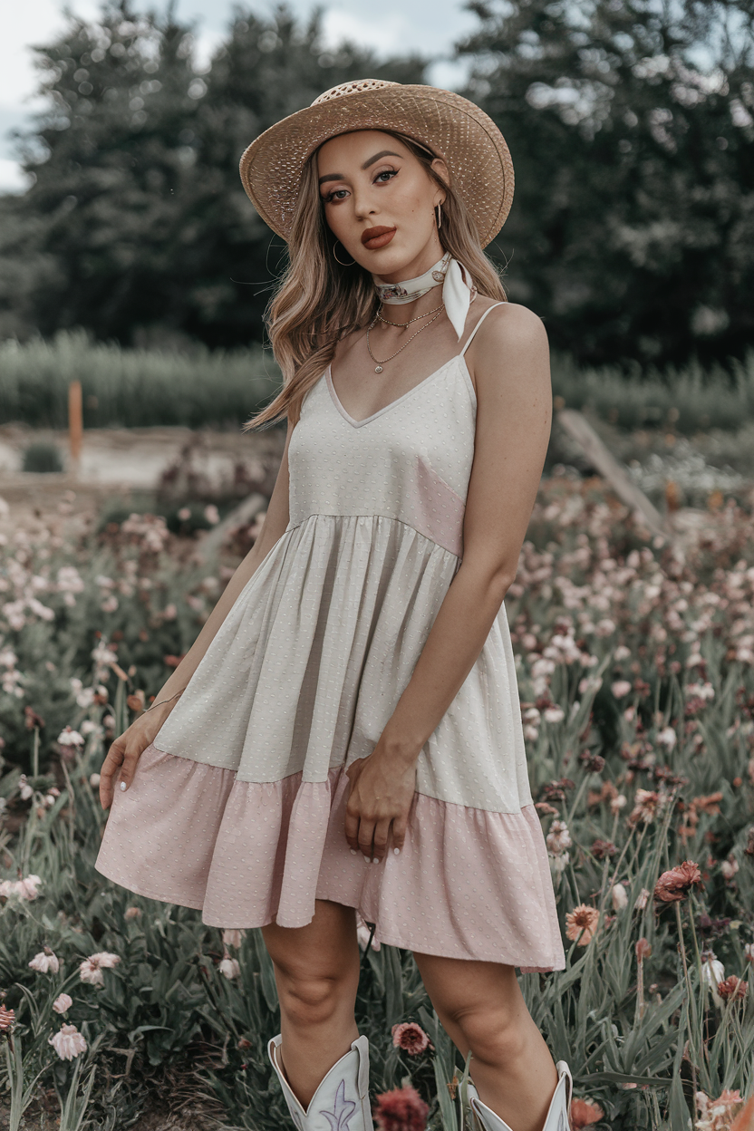 Young woman in a sundress among colorful flowers, embracing nature on a sunny day.
