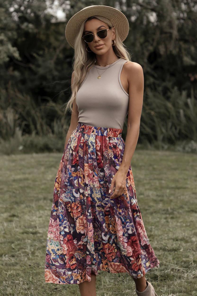 Fashionable young woman in floral skirt enjoying a sunny day outdoors.