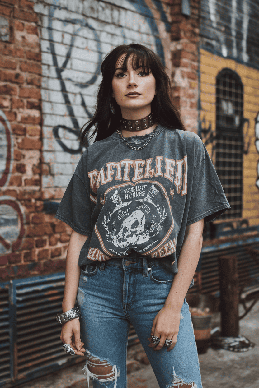 Confident young woman in edgy street fashion poses against a vibrant graffiti wall.