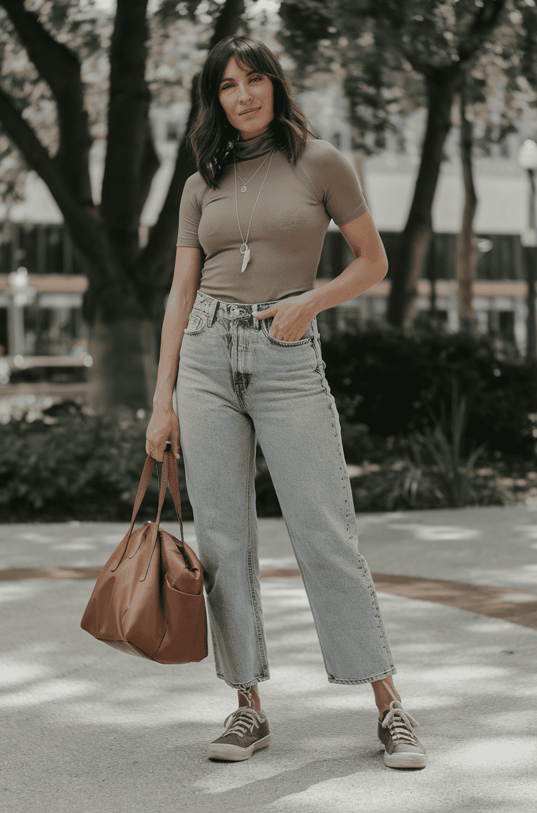 Young woman in casual outfit poses confidently amidst urban greenery and soft natural light.