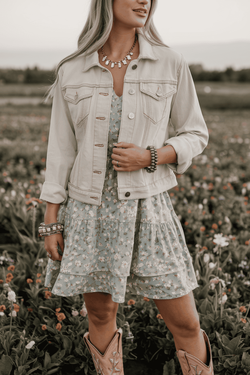 Young woman in mint green floral dress and cowboy boots stands confidently in a vibrant field.