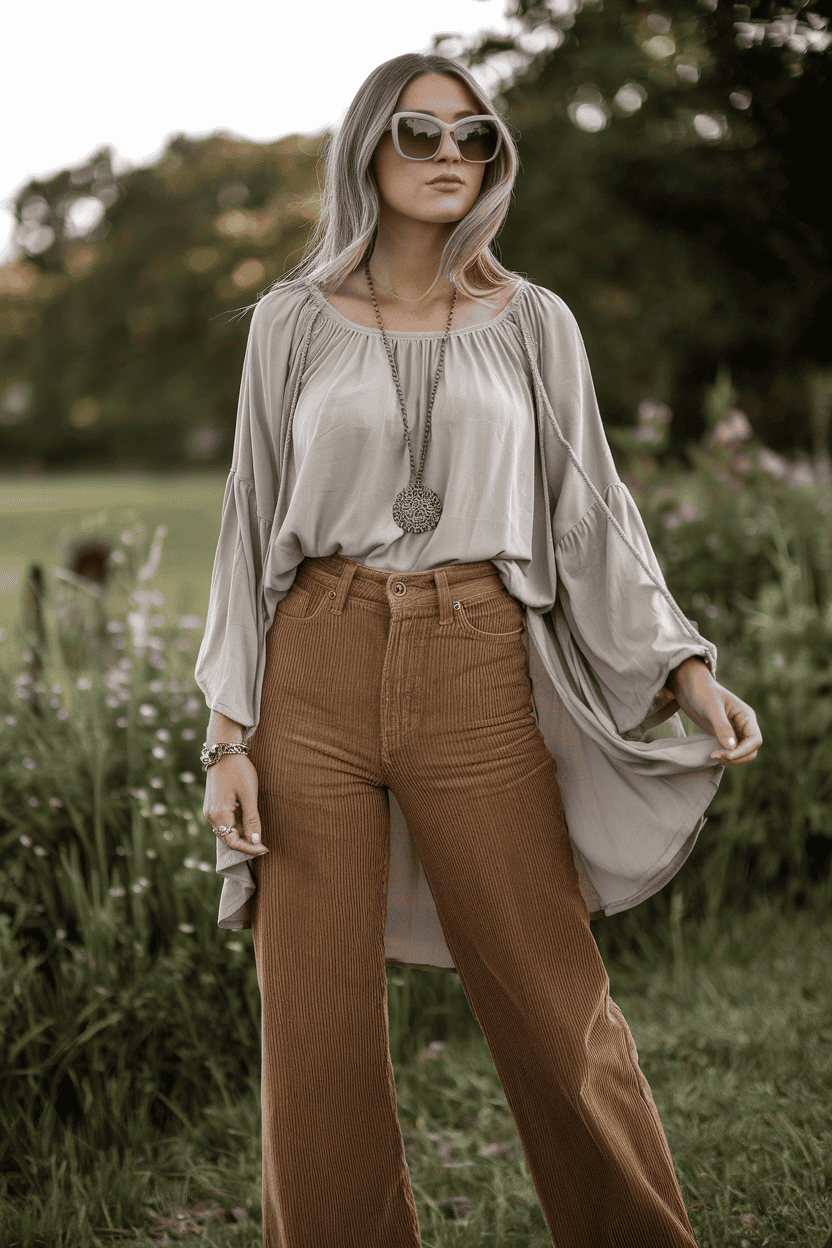 Stylish young woman in nature wearing a flowing blouse and corduroy pants.