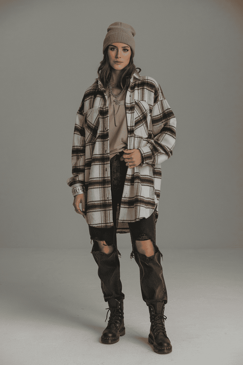 Young woman in chic streetwear with plaid flannel, distressed jeans, and chunky boots.