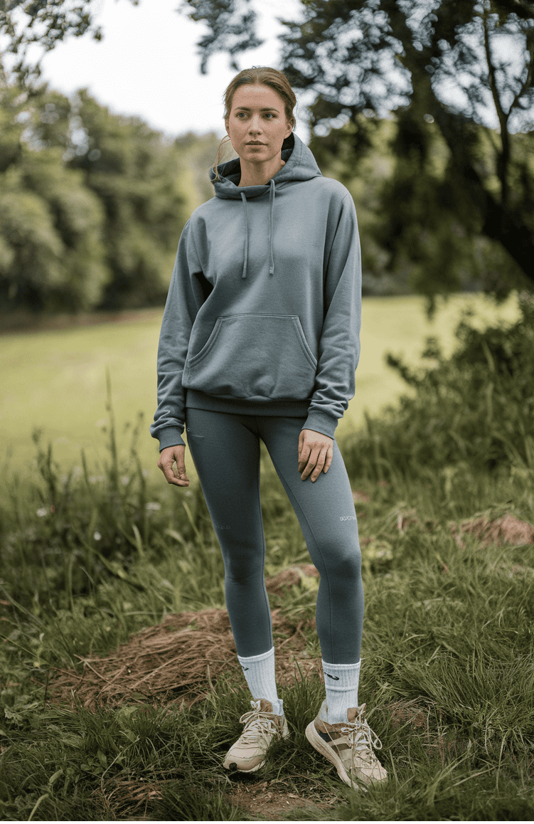 Young woman in teal athletic outfit amidst lush greenery, exuding confidence and tranquility.