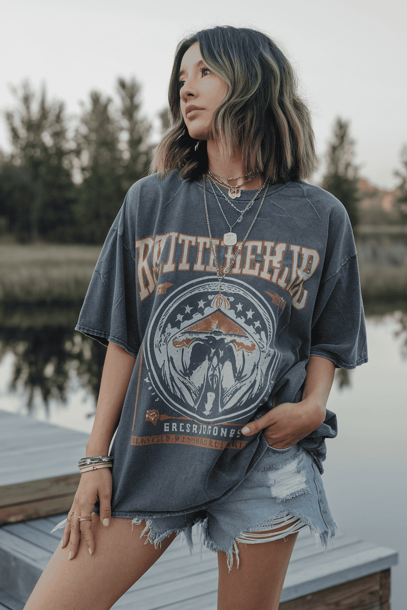 Young woman in vintage t-shirt relaxes by a tranquil dock surrounded by nature at dusk.