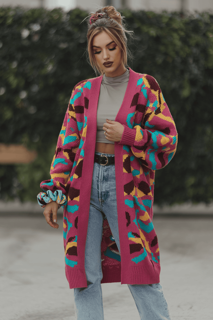 Fashionable young woman in vibrant cardigan and distressed jeans, posing outdoors amidst greenery.