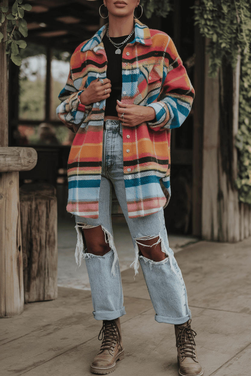 Stylish young woman in plaid shirt and ripped jeans poses outdoors with combat boots.