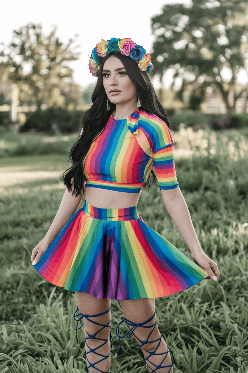 Joyful young woman in a rainbow outfit with a floral crown at a vibrant festival.