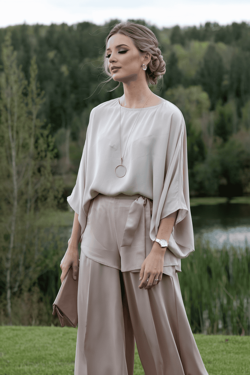 Young woman in elegant outfit enjoys serene outdoor setting with lush greenery and tranquil water.