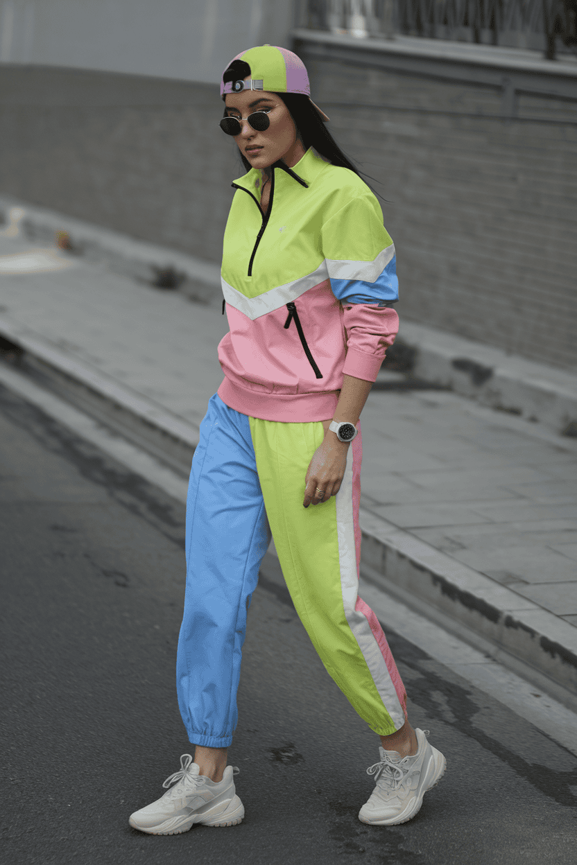 Young woman in vibrant streetwear outfit walking confidently on city street.