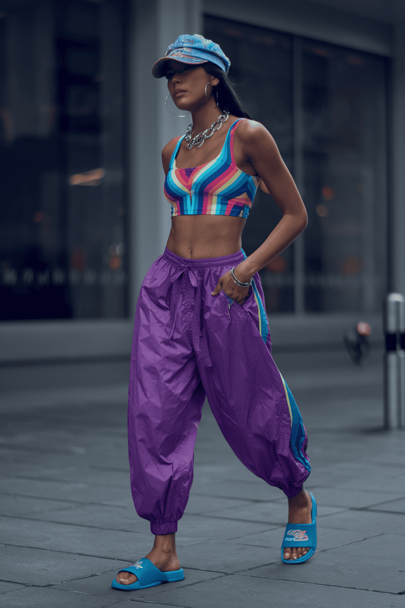 Young woman in vibrant street fashion, walking confidently in colorful crop top and relaxed pants.