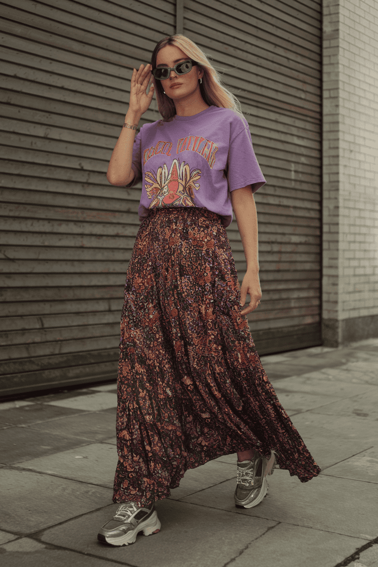 Trendy young woman in urban street style wearing a vibrant outfit with a maxi skirt.