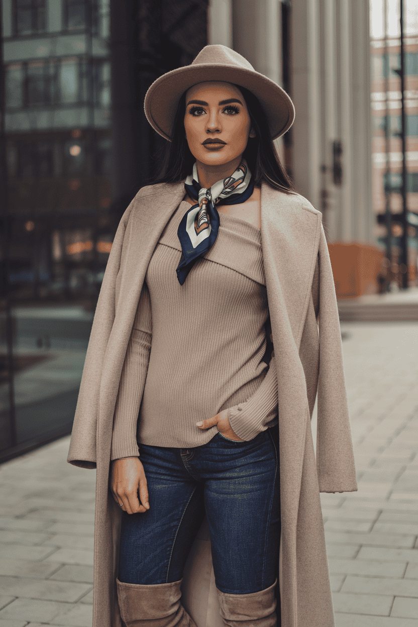 Stylish young woman in urban fashion poses confidently against a modern city backdrop.
