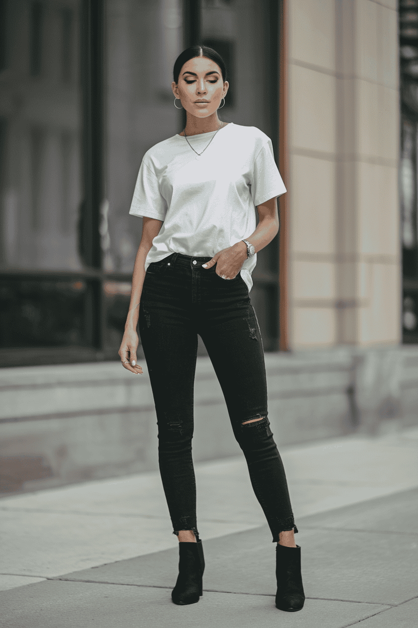 Stylish young woman in urban fashion, wearing a white t-shirt and black jeans.