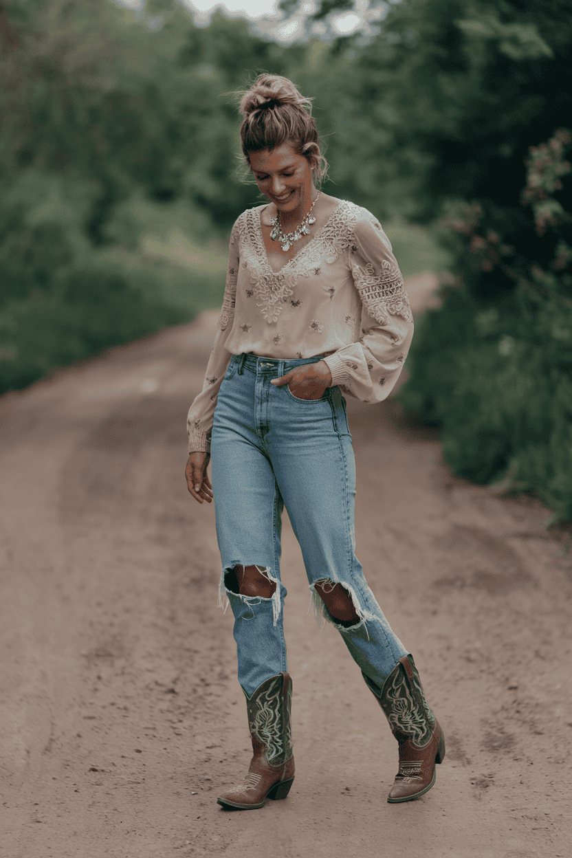 Young woman in cream blouse and jeans walking along a scenic dirt path.