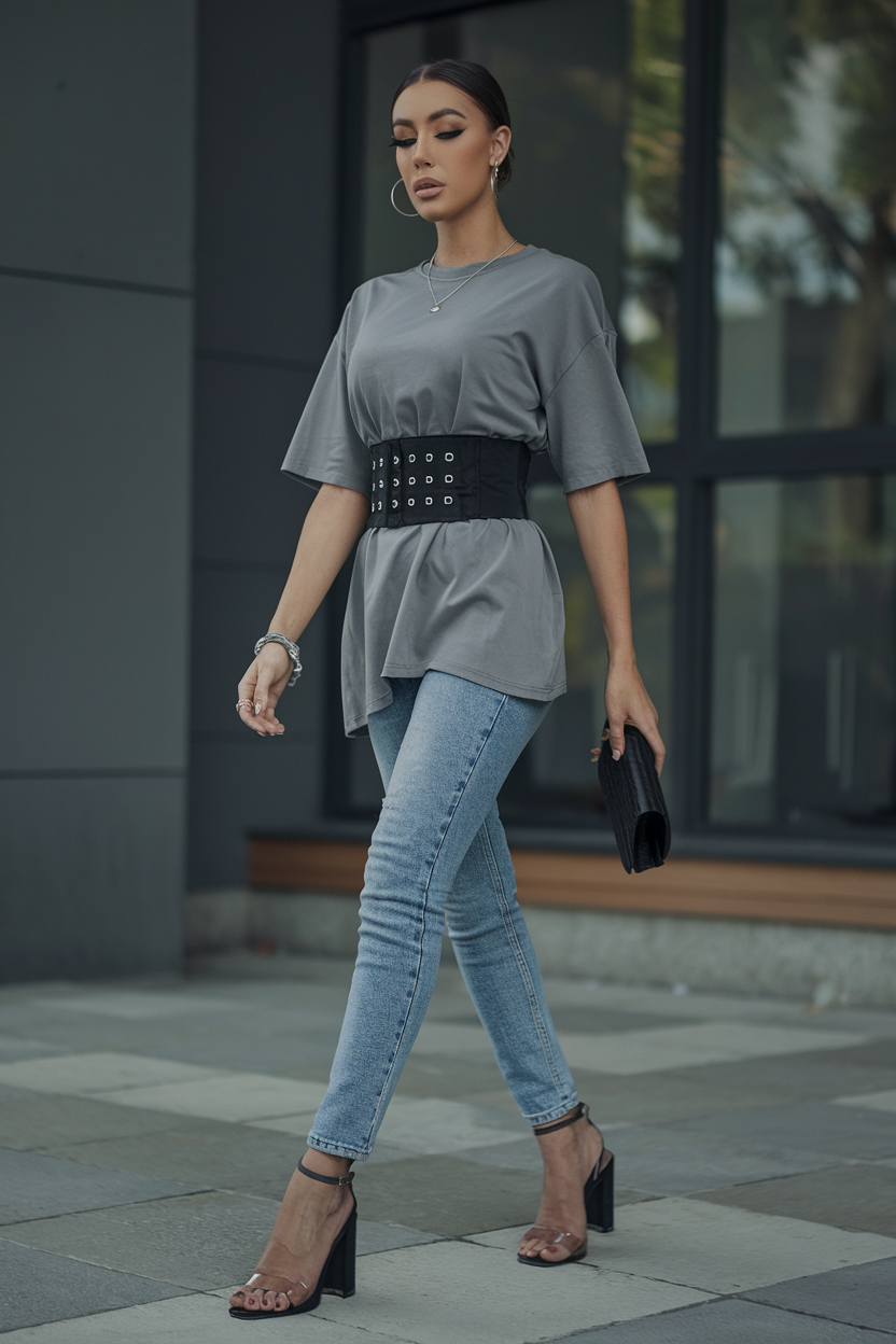 Stylish young woman in gray oversized shirt and jeans exudes confidence in urban setting.