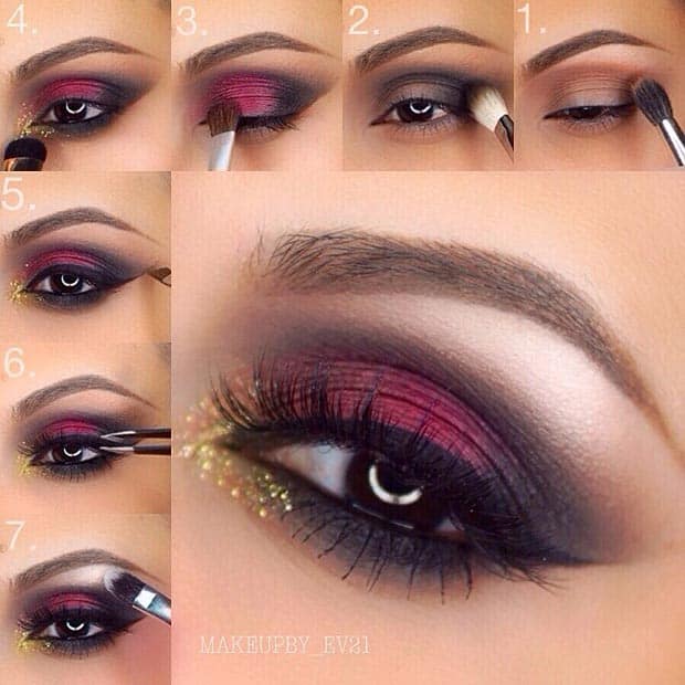 Red Eye Makeup with Pop of Gold Glitter