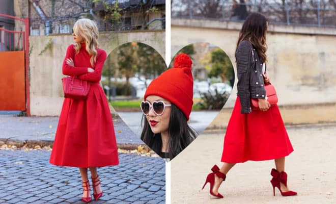 Trendy red Valentine’s Day outfits for women, featuring chic dresses, skirts, and bold accessories.