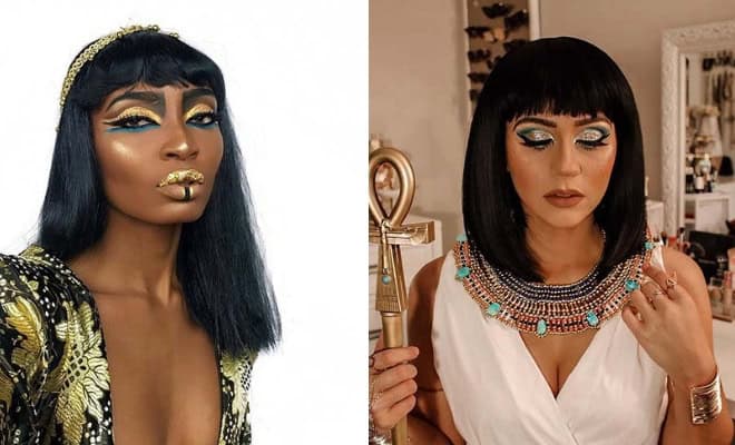 Cleopatra makeup ideas with bold Egyptian-inspired eyeshadow, gold accessories, and statement jewelry.