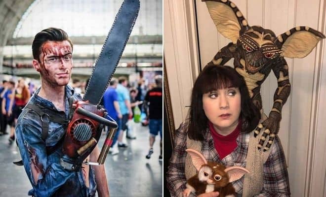 80s Halloween costumes cosplay, Ash from Evil Dead and Gremlins characters at fan convention.