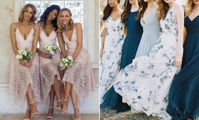Spring bridesmaid dresses in pink lace, navy, blue, and floral styles for weddings.