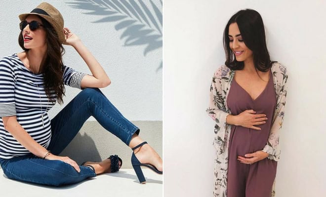 Chic maternity outfits for spring and summer featuring trendy stripes, floral kimono, and stylish accessories.