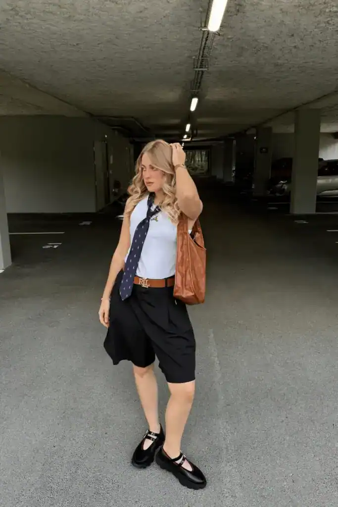 women wearing a quirky outfit with a tie, black short and black mary jane shoes