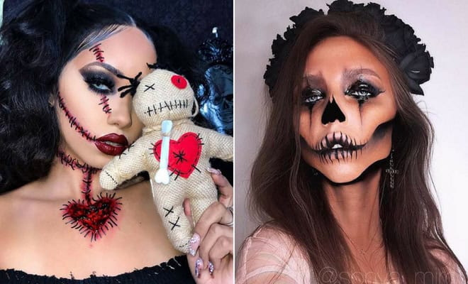 Creative Halloween makeup ideas featuring stitched voodoo doll and elegant skull face paint looks.