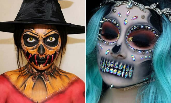 Scarecrow and sugar skull Halloween makeup ideas for women, horror and fantasy face paint inspiration.