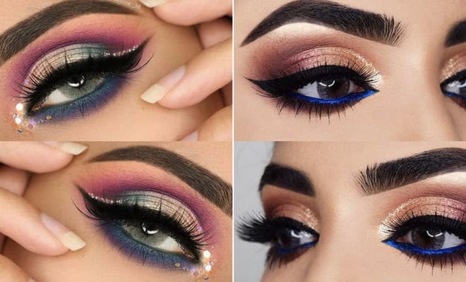 Vibrant prom eye makeup looks featuring bold colors, glitter, dramatic eyeliner, and long lashes.