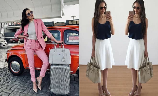 Chic summer work outfit ideas for women, featuring tailored suits and casual skirts for the office.