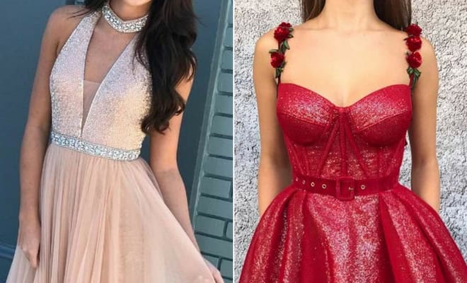 Elegant evening gowns for prom 2018 featuring sequin beading and vibrant red floral details.