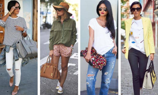 Trendy spring casual outfits for women featuring blazers, jeans, striped tops, and fashionable accessories.