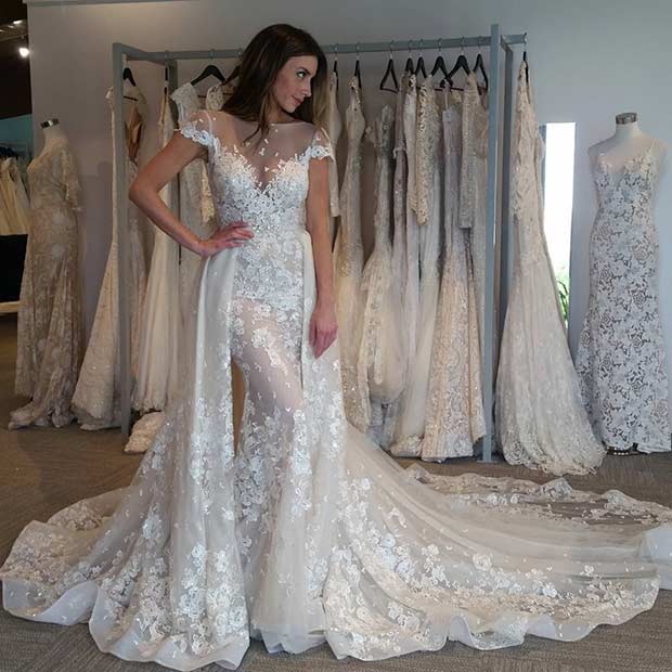 Unique Lace Wedding Dress with Short Sleeves