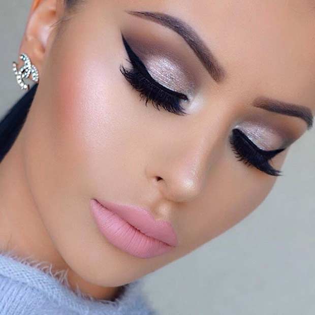 Silver Eye Makeup Look with Pink Lips