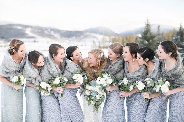 Gray Bridesmaid Winter Dresses and Faux Fur Wraps