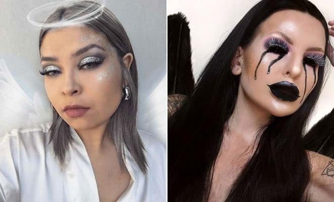 Angel and gothic makeup ideas for Halloween, featuring celestial and dark dramatic styles for women.