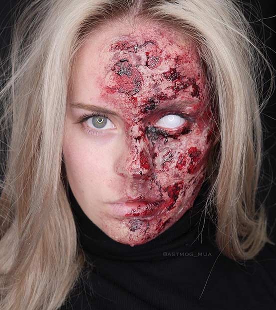 Half Burned Face Scary Halloween Makeup