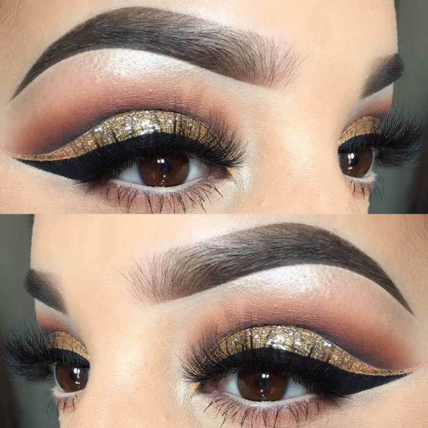 Gold Glitter Cut Crease Eye Makeup for Holidays