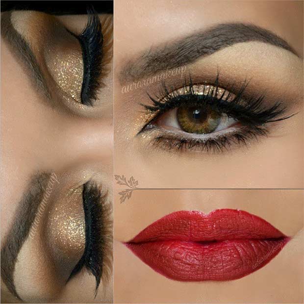 Gold Glitter Eyes and Red Lips