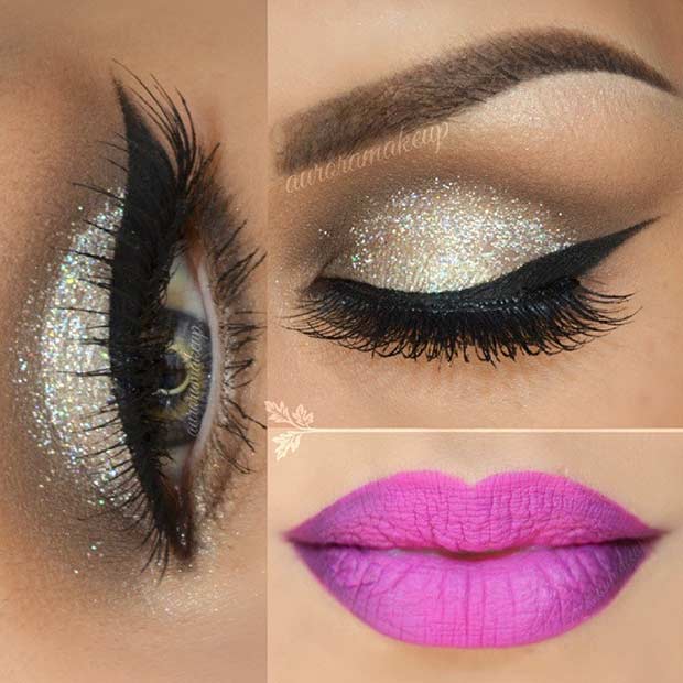 Silver Glitter Eyes and Pink Lips Makeup