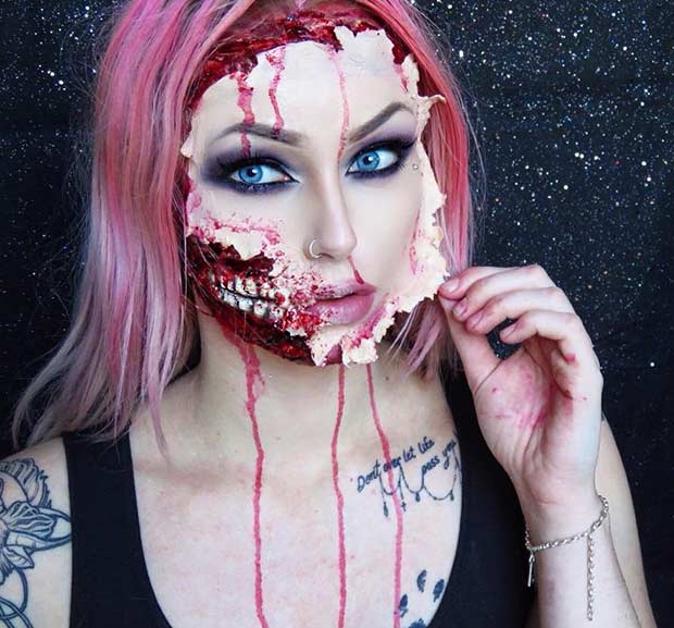 Ripped Face Creepy Halloween Makeup Look
